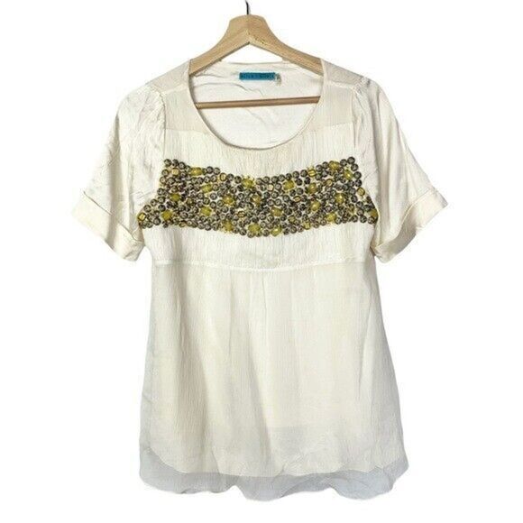 Alice + Olivia Ivory White Silk Bead Embellished Short Sleeve Blouse M - Picture 1 of 4